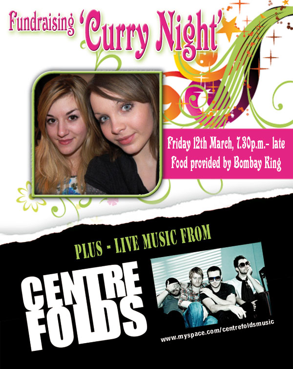 Poster advert showing Bryony, Vikki and local Group Centrefolds who will be performing at the Curry Night